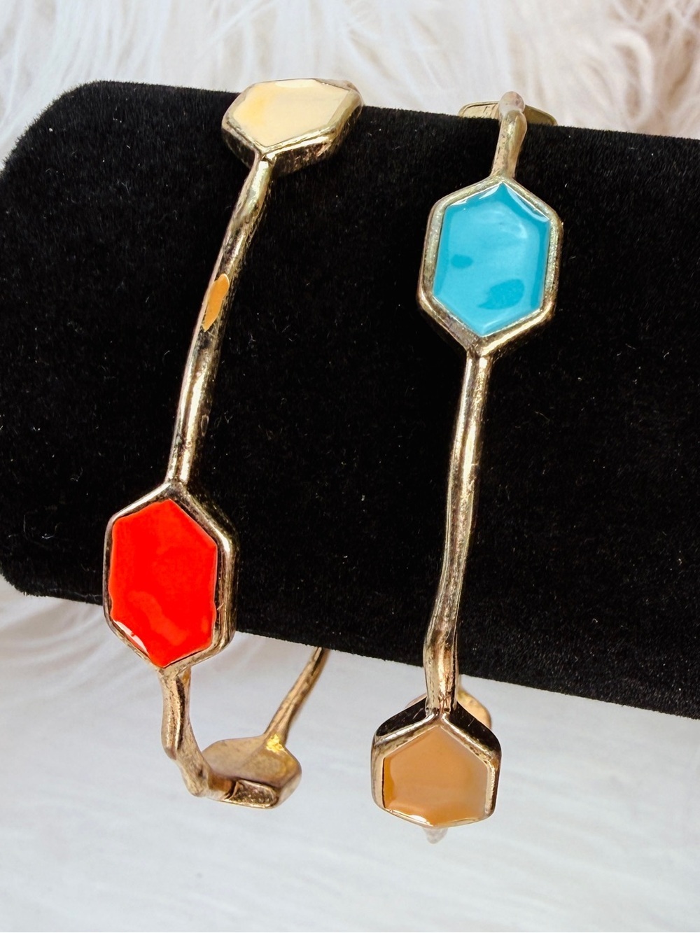 Vintage Aged Brasstone Multicolor Hexagon set of 2 Bangle Bracelets
